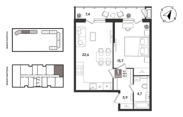 
  Продается 1-комн. квартира 56.3 м², в ЖК Рекорд 2, литера 2. Фото 1.