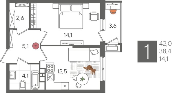 
  Продается 1-комн. квартира 42 м², в ЖК Рекорд 2, литера 5. Фото 1.