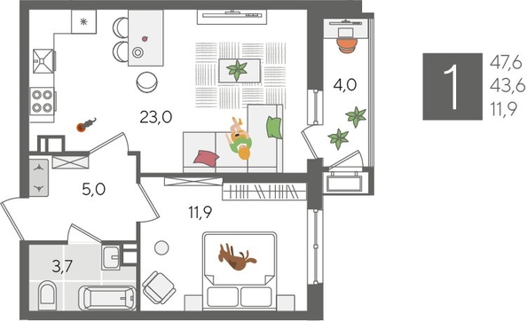 
  Продается 1-комн. квартира 47.6 м², в ЖК Рекорд 2, литера 5. Фото 1.