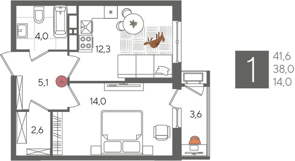 
  Продается 1-комн. квартира 41.6 м², в ЖК Рекорд 2, литера 5. Фото 1.