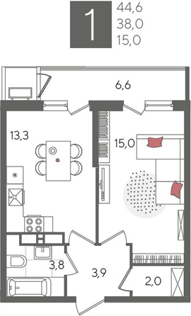 
  Продается 1-комн. квартира 44.6 м², в ЖК Рекорд 2, литера 5. Фото 1.