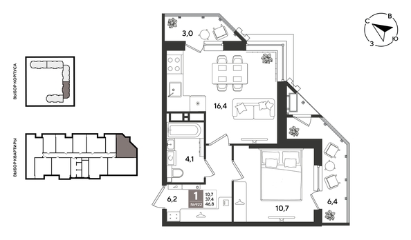 
  Продается 1-комн. квартира 46.3 м², в ЖК Рекорд 2, литера 1. Фото 1.