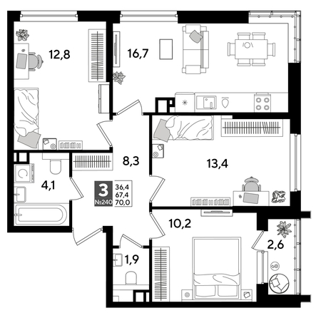 
  Продается 3-комн. квартира 68.6 м², в ЖК ДОГМА ПАРК, литера 15. Фото 1.