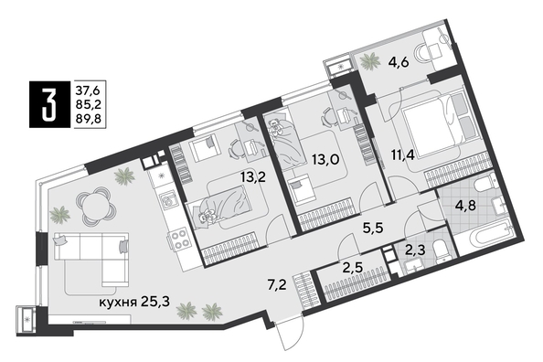
  Продается 3-комн. квартира 89.8 м², в ЖК Парк Победы 2, литера 19. Фото 1.