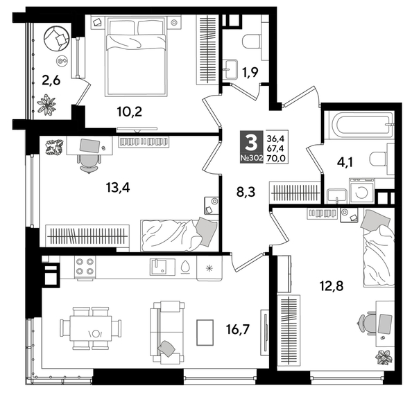
  Продается 3-комн. квартира 68.6 м², в ЖК ДОГМА ПАРК, литера 19. Фото 1.