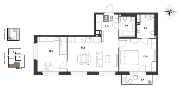 
  Продается 2-комн. квартира 60.8 м², в ЖК ГРЕЙД, литер 14. Фото 1.