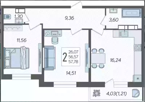 
  Продается 2-комн. квартира 57.78 м², в ЖК Смородина, литера 13. Фото 1.