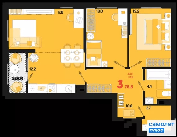 
  Продается 3-комн. квартира 76.8 м², в ЖК Первое место, квартал 1.1, литер 1. Фото 15.