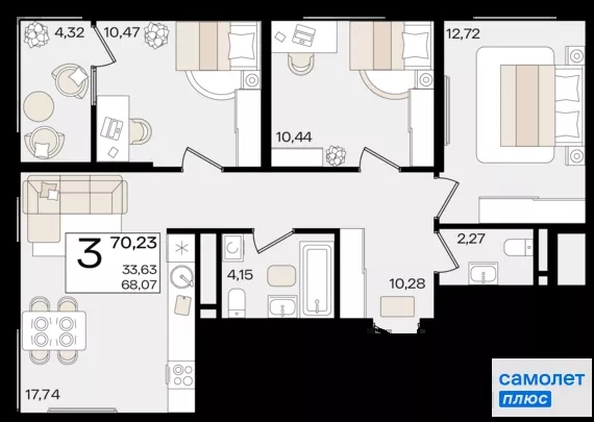 
  Продается 3-комн. квартира 70.2 м², в ЖК Патрики, литер 1.1. Фото 16.
