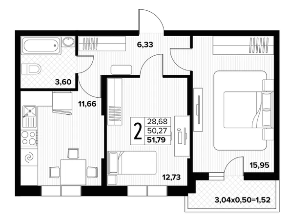 
  Продается 2-комн. квартира 51.79 м², в ЖК Друг, литера 7. Фото 1.
