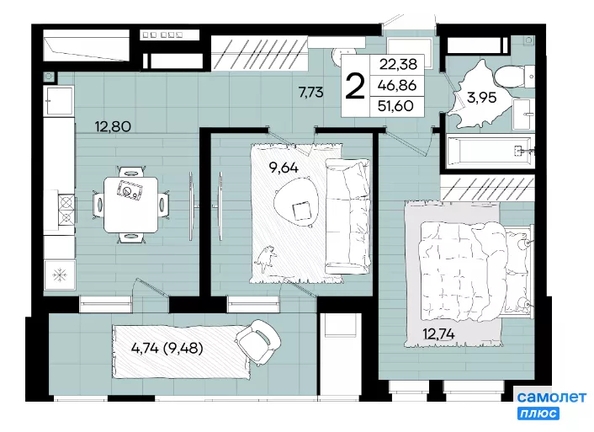 
  Продается 2-комн. квартира 51.6 м², в ЖК Народные Кварталы, литер 1. Фото 21.