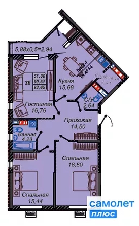 
  Продается 3-комн. квартира 93.5 м², в ЖК Парковый, литер 1. Фото 7.