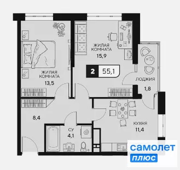 
  Продается 2-комн. квартира 55.1 м², в ЖК 18/3. Фото 18.