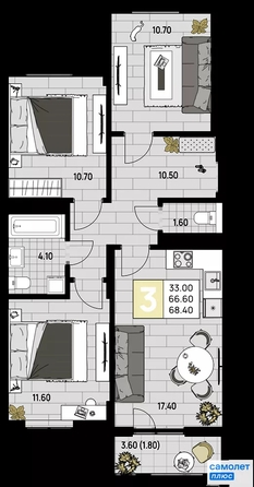 
  Продается 3-комн. квартира 68.4 м², в ЖК Усадьба Гостагаевская, 9.1 л 4. Фото 19.