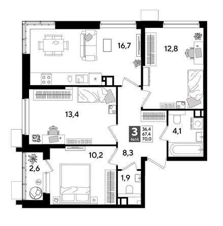 
  Продается 3-комн. квартира 69 м², в ЖК ДОГМА ПАРК, лит 17. Фото 1.