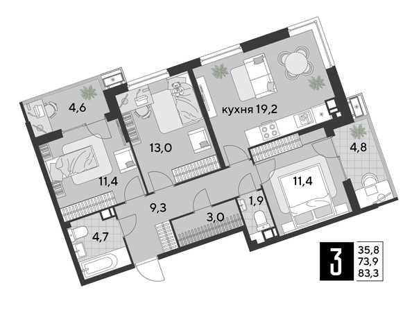 
  Продается 3-комн. квартира 83.3 м², в ЖК Парк Победы 2, литера 19. Фото 1.