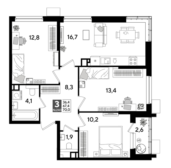 
  Продается 3-комн. квартира 68.6 м², в ЖК ДОГМА ПАРК, лит 17. Фото 1.