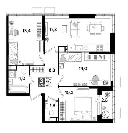 
  Продается 3-комн. квартира 68.9 м², в ЖК ДОГМА ПАРК, лит 17. Фото 1.