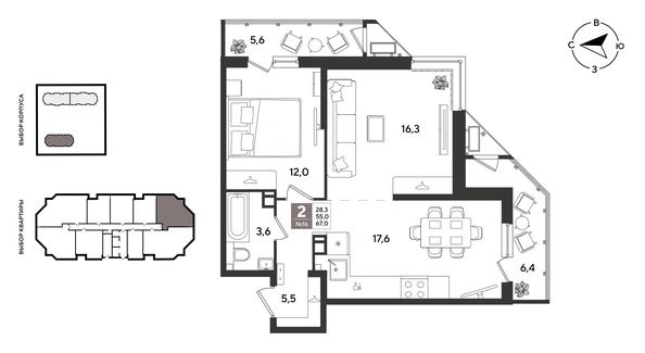 
  Продается 2-комн. квартира 66.3 м², в ЖК Рекорд 2, литера 4. Фото 1.