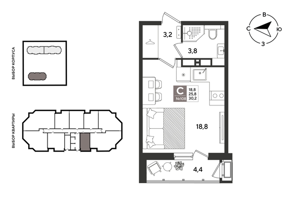 
  Продается студия 29.6 м², в ЖК Рекорд 2, литера 4. Фото 1.