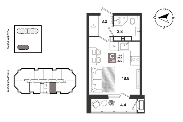 
  Продается студия 29.8 м², в ЖК Рекорд 2, литера 4. Фото 1.