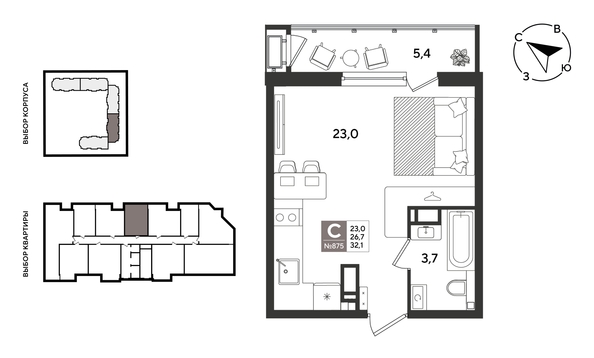 
  Продается студия 31.5 м², в ЖК Рекорд 2, литера 1. Фото 1.