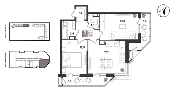
  Продается 2-комн. квартира 70 м², в ЖК Рекорд 2, литера 2. Фото 1.