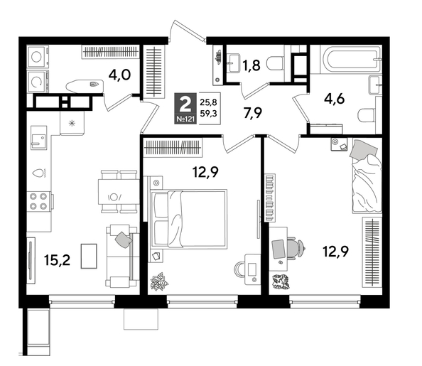 
  Продается 2-комн. квартира 58.8 м², в ЖК ДОГМА ПАРК, лит 17. Фото 1.