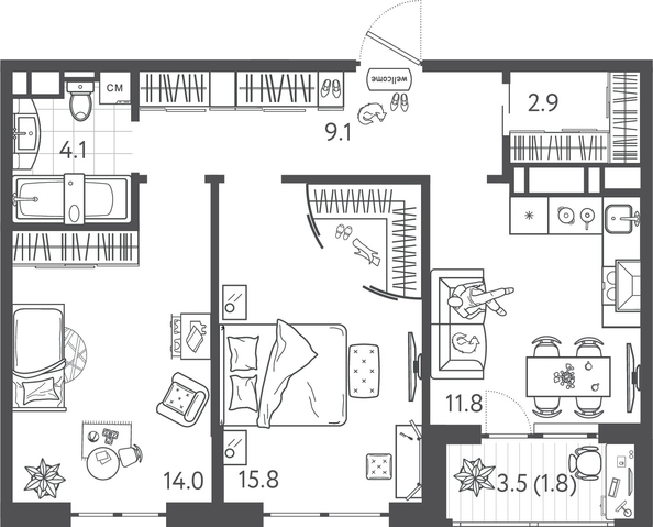 
  Продается 2-комн. квартира 59.05 м², в ЖК Все Свои ВИП, литера 3. Фото 1.