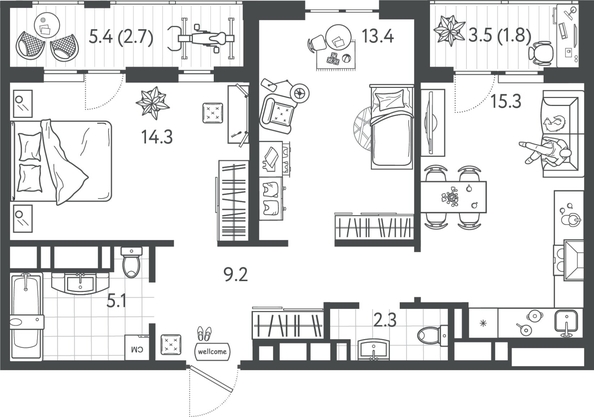 
  Продается 2-комн. квартира 63.65 м², в ЖК Все Свои ВИП, литер 4. Фото 1.