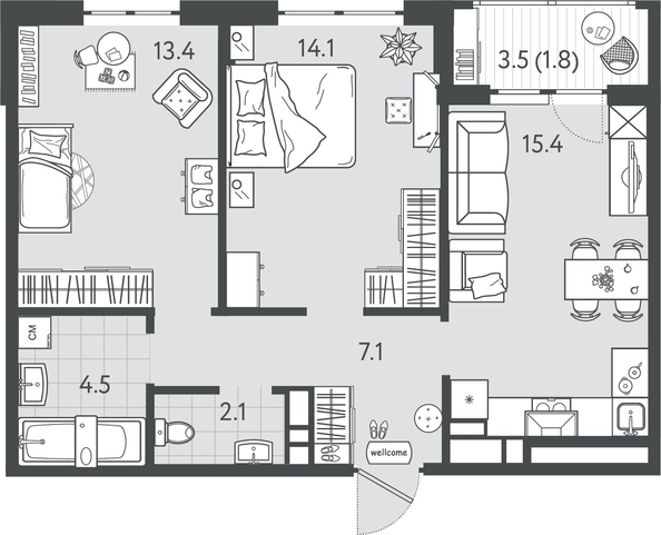
  Продается 2-комн. квартира 58.35 м², в ЖК Все Свои ВИП, литер 7. Фото 1.