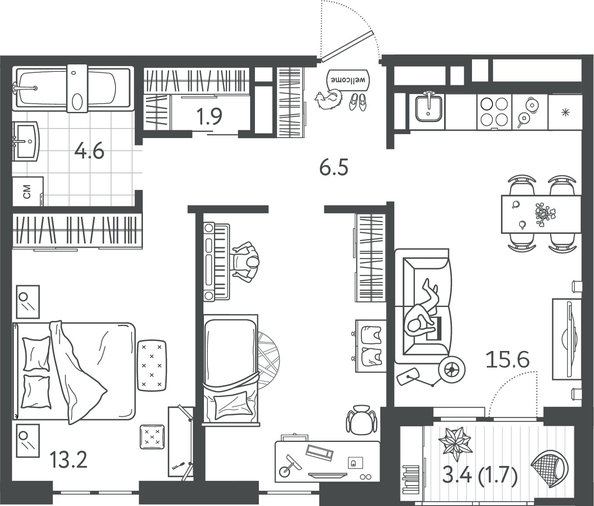 
  Продается 2-комн. квартира 55.45 м², в ЖК Все Свои ВИП, литер 7. Фото 1.