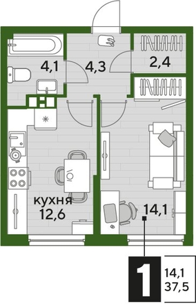 
  Продается 1-комн. квартира 37.4 м², в ЖК ДОГМА ПАРК, литера 18. Фото 1.