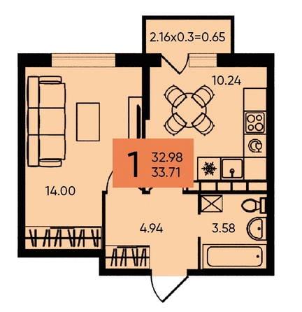 
   Продам 1-комнатную, 33.71 м², Западный Обход ул, 65а

. Фото 2.