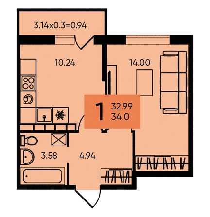
   Продам 1-комнатную, 34 м², Западный Обход ул, 65а

. Фото 1.