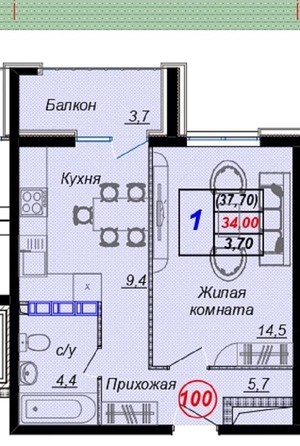
   Продам 1-комнатную, 33.9 м², Российская ул, 6/21

. Фото 2.