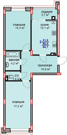 
   Продам 2-комнатную, 64.2 м², Суворов, дом 1

. Фото 2.