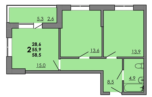 
  Продается 2-комн. квартира 58.8 м², в ЖК Грей, кв-л 11-2. Фото 1.