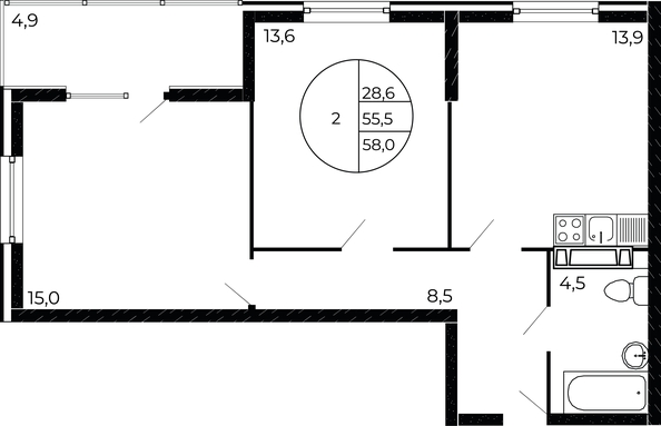 
   Продам 2-комнатную, 58 м², Флора, литера 1.3

. Фото 3.