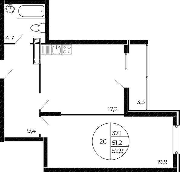 
   Продам 2-комнатную, 52.9 м², Флора, литера 1.3

. Фото 3.