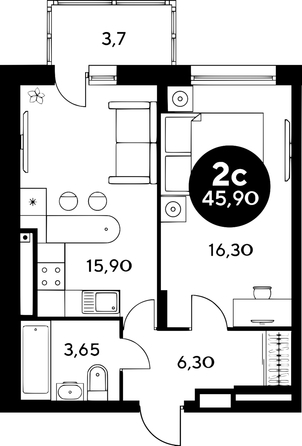 
  Продается 2-комн. квартира, 45.85 м², ЖК Сезоны
. Фото 1.
