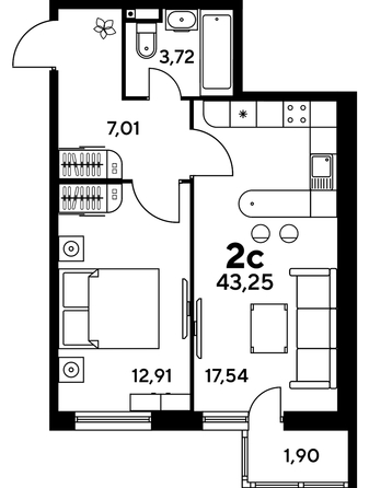 
   Продам 2-комнатную, 43.25 м², Малина Парк, дом 1

. Фото 1.