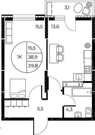 
   Продам 1-комнатную, 39.8 м², Панорама на Театральном, литера 1

. Фото 2.