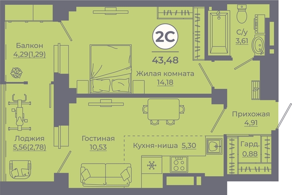 
   Продам 2-комнатную, 43.48 м², Сокольники, литера 6

. Фото 1.