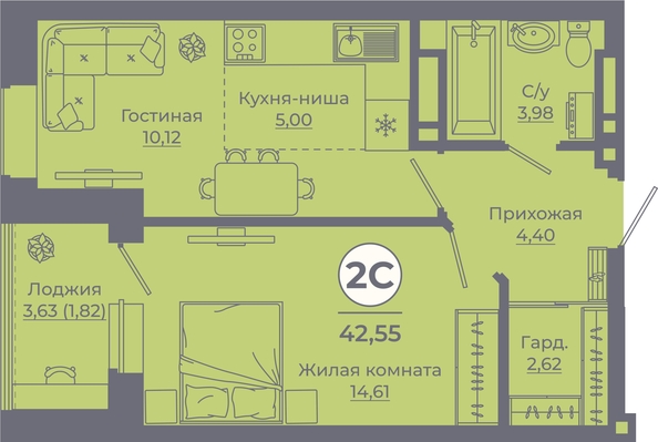 
   Продам 2-комнатную, 42.55 м², Сокольники, литера 10

. Фото 1.