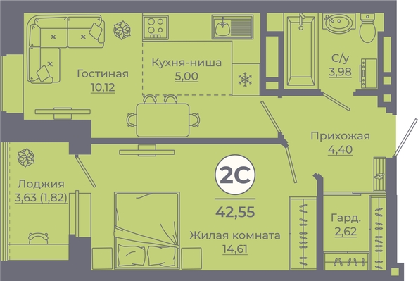 
  Продается 2-комн. квартира, 42.43 м², ЖК Сокольники, литера 10
. Фото 1.