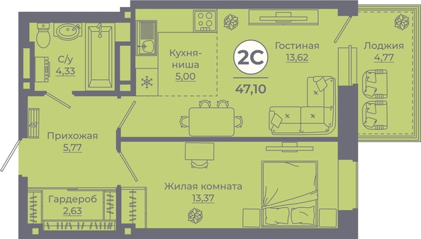 
   Продам 2-комнатную, 46.97 м², Сокольники, литера 9

. Фото 1.