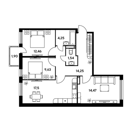 
   Продам 3-комнатную, 74.57 м², Малина Парк, дом 1

. Фото 1.