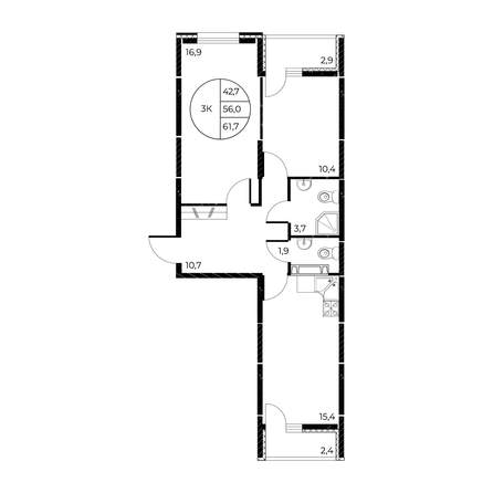 
   Продам 3-комнатную, 61.7 м², Панорама на Театральном, литера 1

. Фото 1.