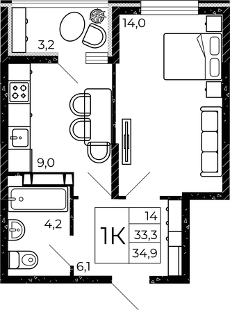 
   Продам 1-комнатную, 34.9 м², Флора, литера 2.1

. Фото 2.